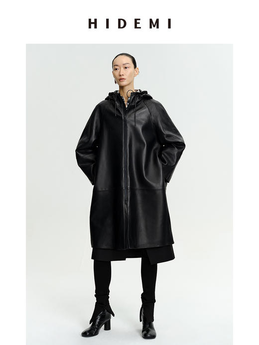 HIDEMI 极简连帽大廓形加厚新西兰小羊皮斗篷式大衣 商品图1