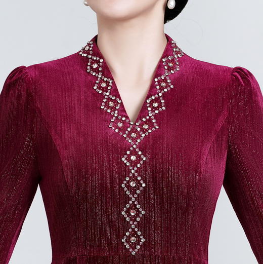 秋装新款修身丝绒旗袍连衣裙改良气质修身中长款钉珠HYX-22-7658 商品图3