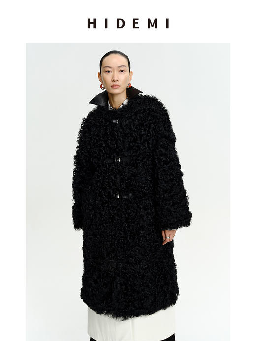 HIDEMI 西班牙皮毛一体黑色长款廓形皮扣大衣外套 商品图8