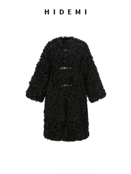 HIDEMI 西班牙皮毛一体黑色长款廓形皮扣大衣外套 商品图13