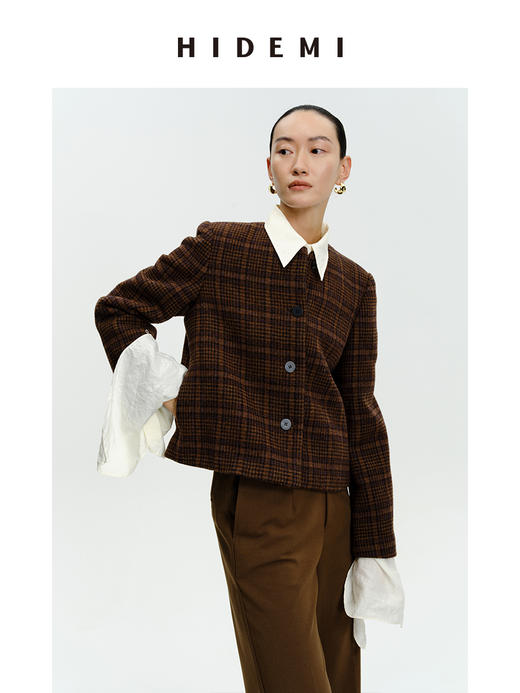 HIDEMI 格纹厚羊毛短款纽扣外套 商品图13