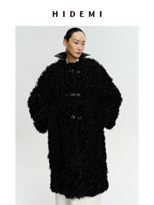 HIDEMI 西班牙皮毛一体黑色长款廓形皮扣大衣外套 商品图11