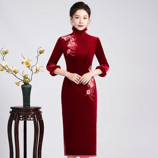 真丝绒连衣裙新款早秋大码女装气质改良旗袍裙婚庆婚宴礼服LHS-SR4 商品图0