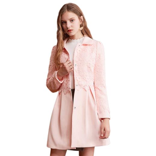 欧芮儿2017冬装新款粉色蕾丝拼接外套女中长款 商品图3