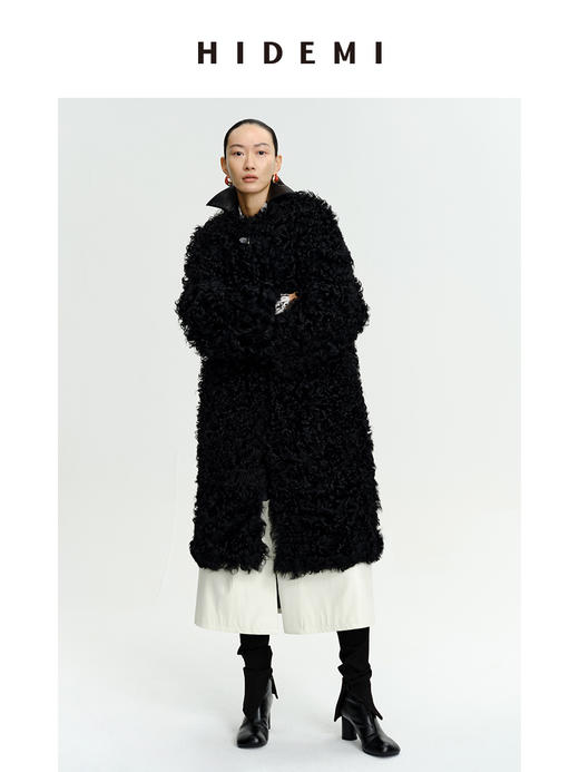 HIDEMI 西班牙皮毛一体黑色长款廓形皮扣大衣外套 商品图6