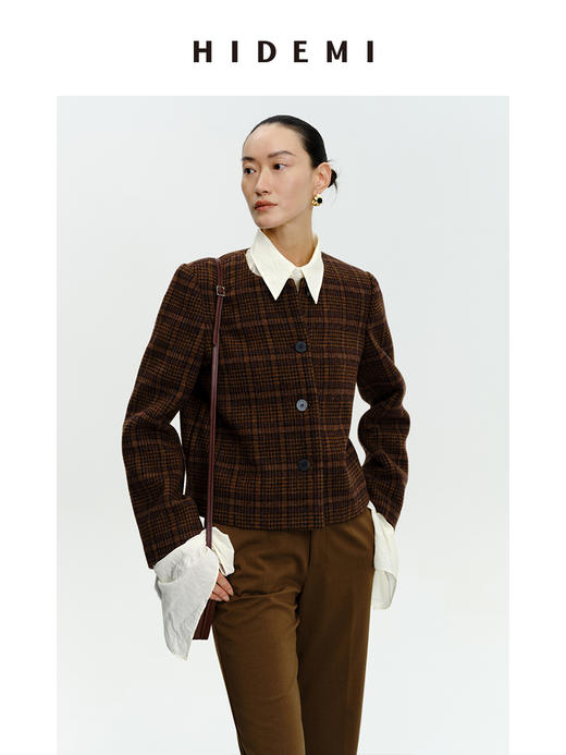 HIDEMI 格纹厚羊毛短款纽扣外套 商品图0