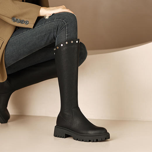 秋冬季粗跟圆头长筒骑士靴高筒靴加绒中跟女靴  HBP-1916A 商品图5