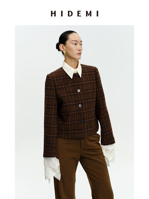 HIDEMI 格纹厚羊毛短款纽扣外套 商品图9