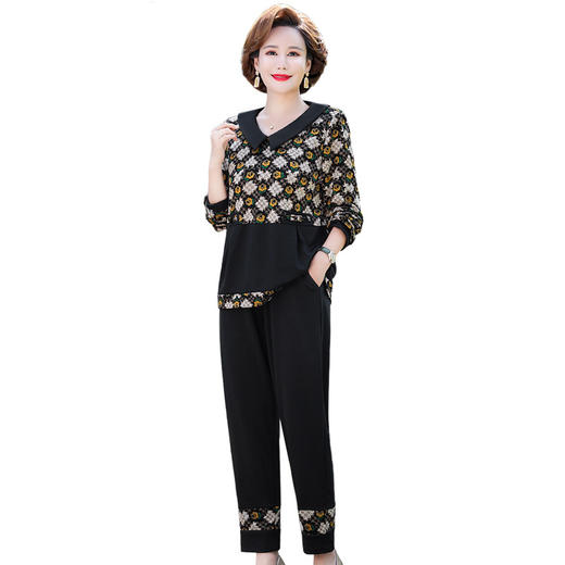 MCdd080-640 套装2022春秋新款中老年女翻领长袖上衣中年妇女印花两件套 商品图4