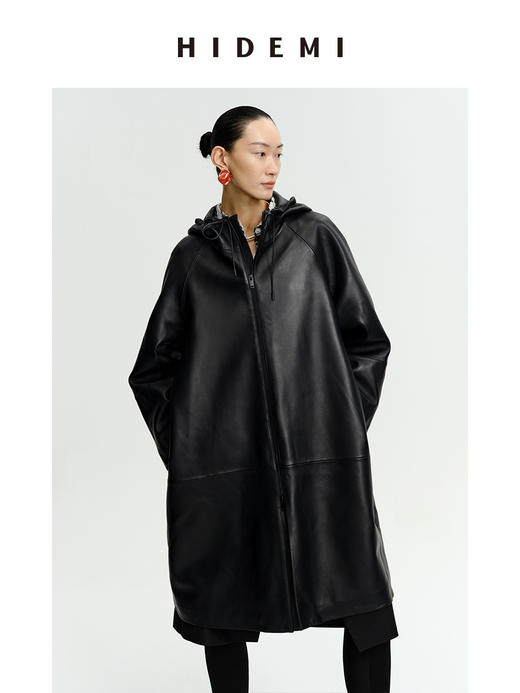 HIDEMI 极简连帽大廓形加厚新西兰小羊皮斗篷式大衣 商品图5