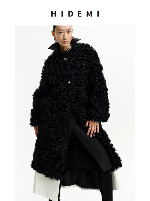 HIDEMI 西班牙皮毛一体黑色长款廓形皮扣大衣外套 商品图7