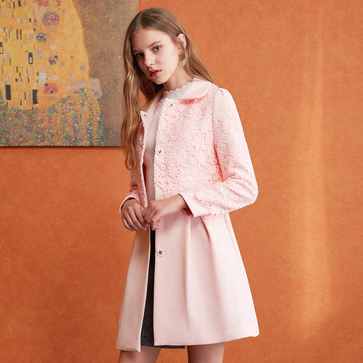 欧芮儿2017冬装新款粉色蕾丝拼接外套女中长款 商品图0