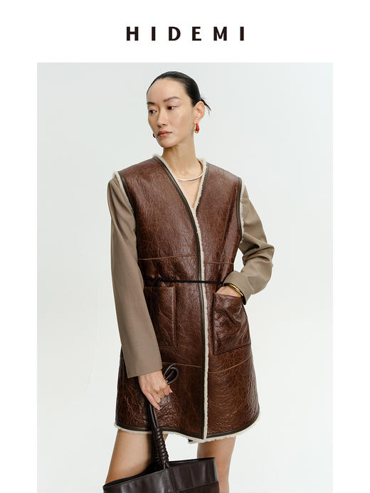 HIDEMI澳洲美利奴羊毛皮毛一体风格做旧感v领中长款皮衣马夹大衣 商品图9