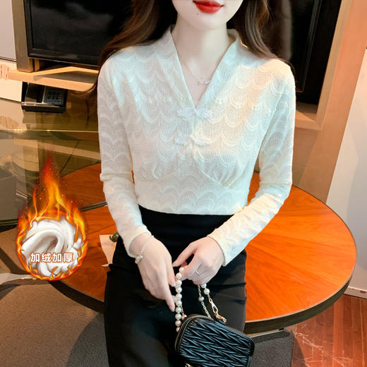 v领蕾丝打底衫女2022秋季新款时尚气质内搭长袖洋气漂亮小衫上衣 KQL-323H2976 商品图3