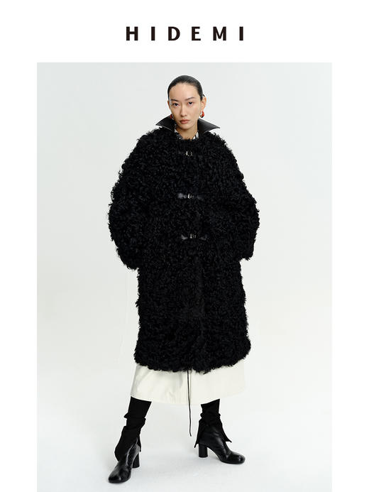HIDEMI 西班牙皮毛一体黑色长款廓形皮扣大衣外套 商品图5