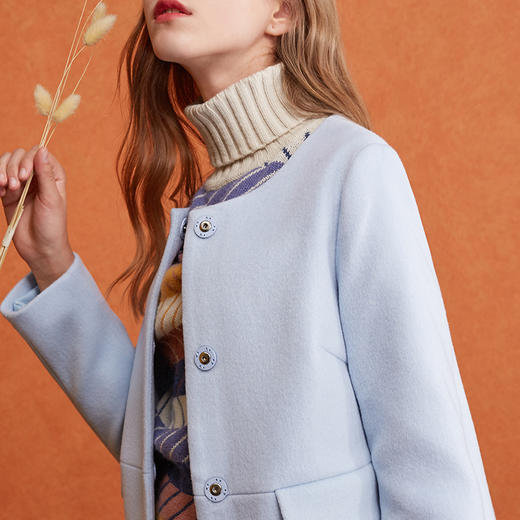 欧芮儿2017冬装新款蓝色长袖毛呢外套女中长款 商品图2