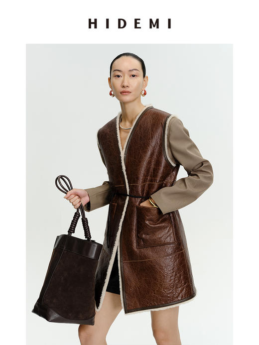 HIDEMI澳洲美利奴羊毛皮毛一体风格做旧感v领中长款皮衣马夹大衣 商品图1