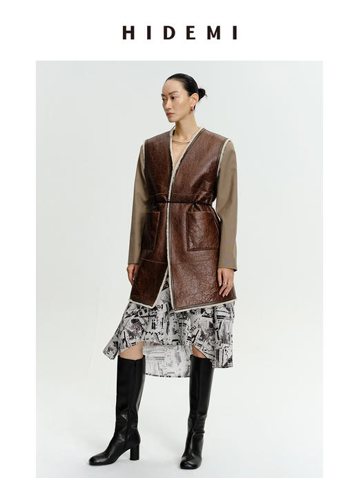 HIDEMI澳洲美利奴羊毛皮毛一体风格做旧感v领中长款皮衣马夹大衣 商品图10