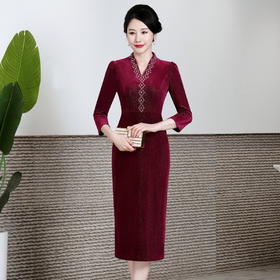秋装新款修身丝绒旗袍连衣裙改良气质修身中长款钉珠HYX-22-7658