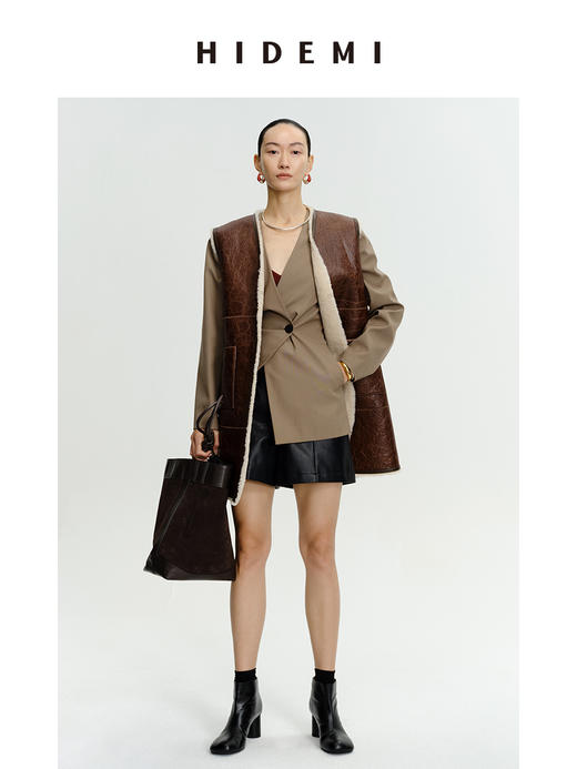 HIDEMI澳洲美利奴羊毛皮毛一体风格做旧感v领中长款皮衣马夹大衣 商品图5