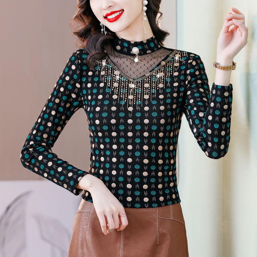 KQL B08N8993重工烫钻网纱打底衫百搭T恤 商品图5