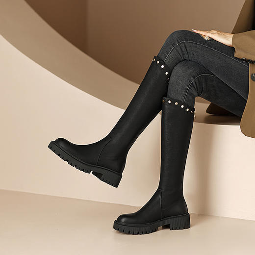 秋冬季粗跟圆头长筒骑士靴高筒靴加绒中跟女靴  HBP-1916A 商品图4
