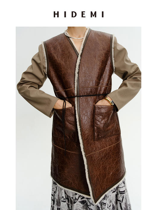 HIDEMI澳洲美利奴羊毛皮毛一体风格做旧感v领中长款皮衣马夹大衣 商品图13