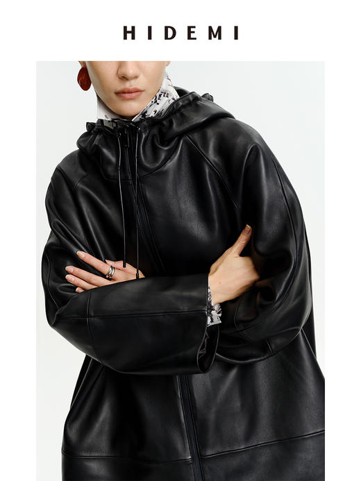 HIDEMI 极简连帽大廓形加厚新西兰小羊皮斗篷式大衣 商品图10