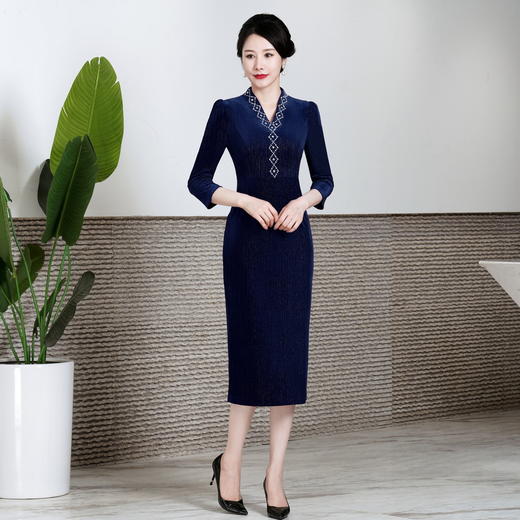 秋装新款修身丝绒旗袍连衣裙改良气质修身中长款钉珠HYX-22-7658 商品图1