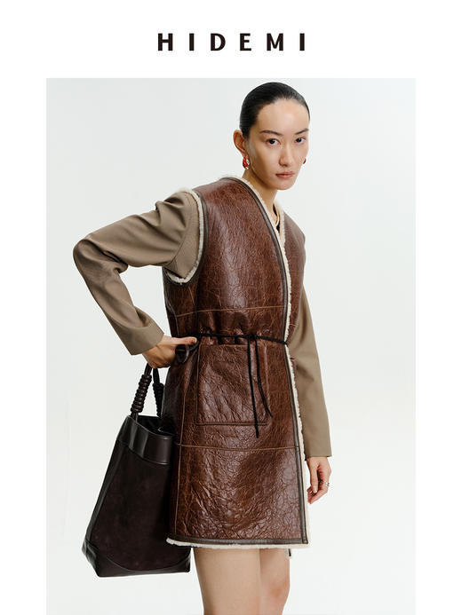 HIDEMI澳洲美利奴羊毛皮毛一体风格做旧感v领中长款皮衣马夹大衣 商品图8