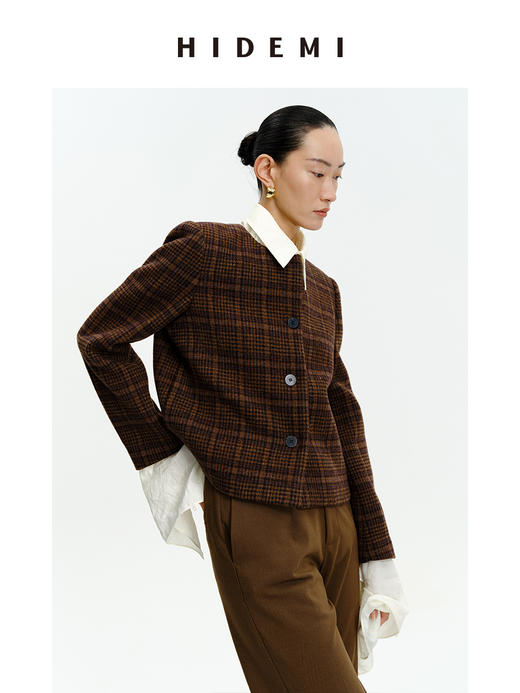 HIDEMI 格纹厚羊毛短款纽扣外套 商品图11