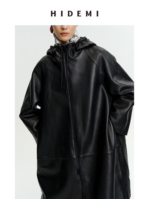 HIDEMI 极简连帽大廓形加厚新西兰小羊皮斗篷式大衣 商品图8