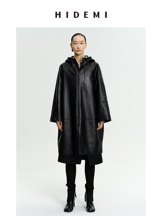 HIDEMI 极简连帽大廓形加厚新西兰小羊皮斗篷式大衣 商品图4