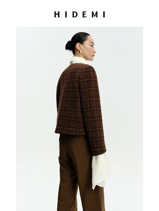 HIDEMI 格纹厚羊毛短款纽扣外套 商品图12