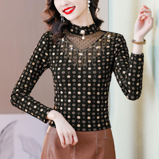 KQL B08N8993重工烫钻网纱打底衫百搭T恤 商品图6