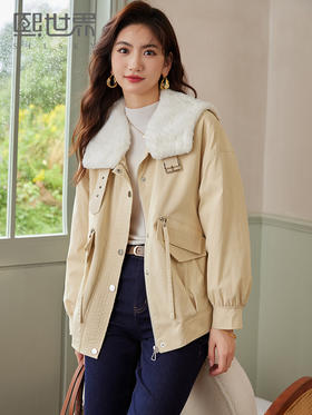 【专属特惠】熙世界酷飒仿兔毛翻领工装外套女秋冬新款内里加绒加厚短款派克服