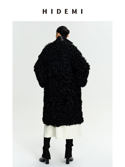 HIDEMI 西班牙皮毛一体黑色长款廓形皮扣大衣外套 商品图12