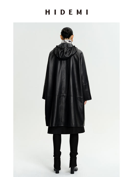 HIDEMI 极简连帽大廓形加厚新西兰小羊皮斗篷式大衣 商品图11