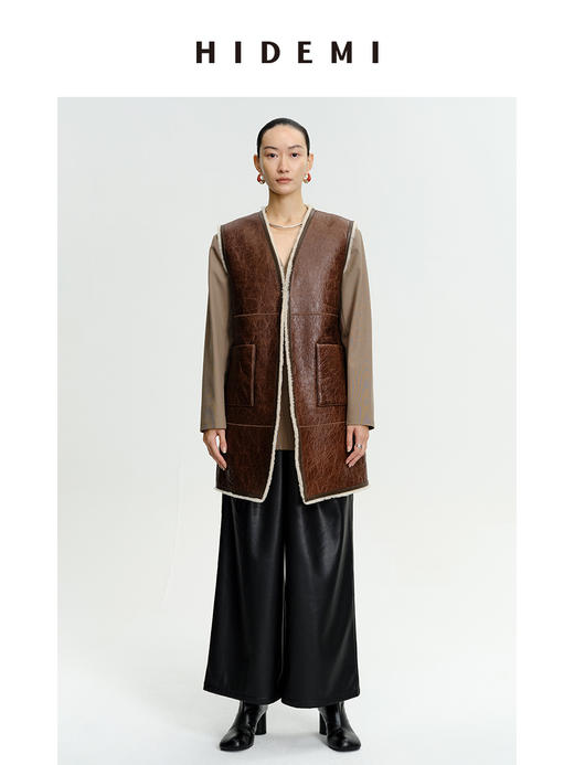 HIDEMI澳洲美利奴羊毛皮毛一体风格做旧感v领中长款皮衣马夹大衣 商品图3