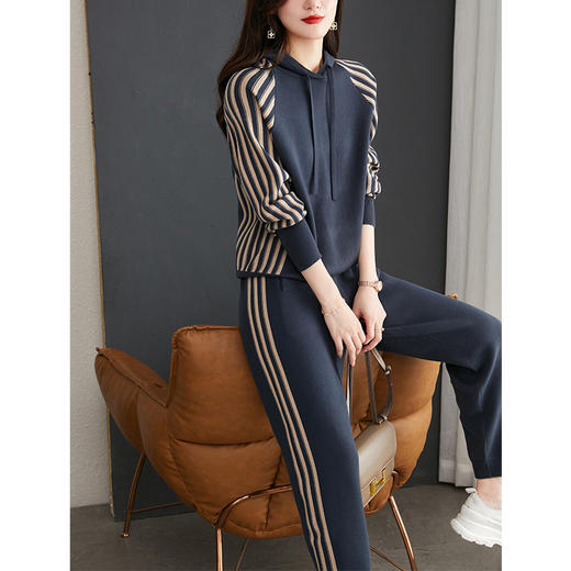 XYFS21-8187新款时尚气质休闲宽松连帽长袖针织卫衣运动裤两件套 商品图0