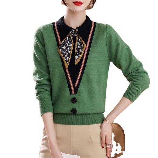 SC33-92003 假两件毛衣时尚洋气飘带针织衫2022新款秋季上衣女长袖拼色打底衫 商品图4