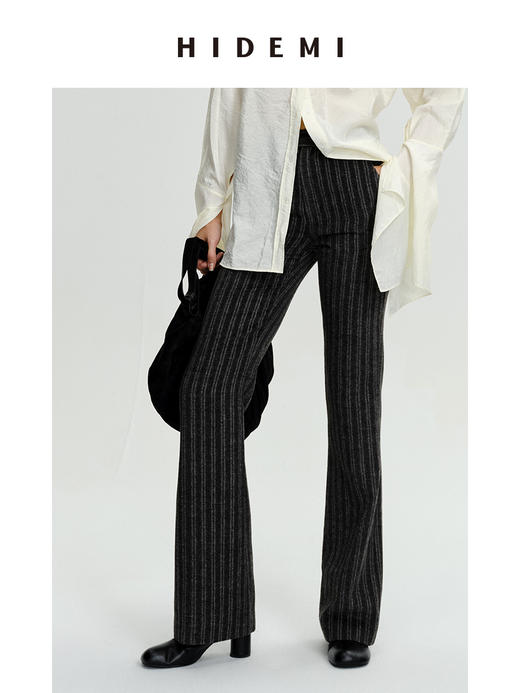 HIDEMI 时髦灰色竖条纹显瘦喇叭神裤 商品图0