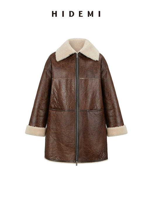 HIDEMI西班牙皮毛一体咖啡色双色双面极简拉链大翻领中长款皮衣大衣 商品图8