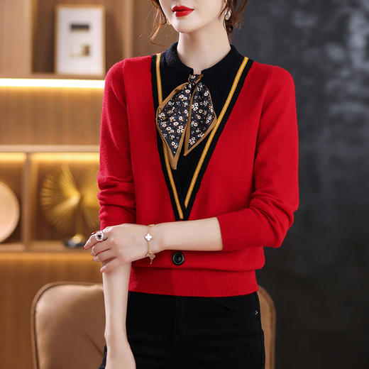 SC33-92003 假两件毛衣时尚洋气飘带针织衫2022新款秋季上衣女长袖拼色打底衫 商品图0