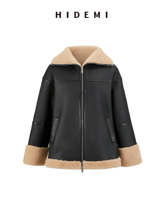 HIDEMI西班牙皮毛一体黑棕双色双面极简拉链大翻领大衣 商品图11