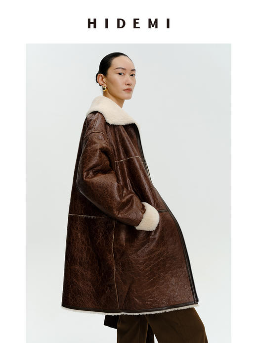 HIDEMI西班牙皮毛一体咖啡色双色双面极简拉链大翻领中长款皮衣大衣 商品图3