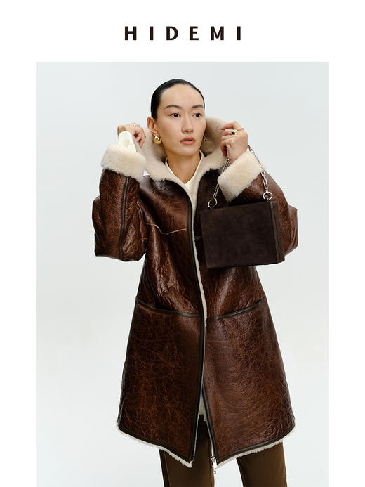 HIDEMI西班牙皮毛一体咖啡色双色双面极简拉链大翻领中长款皮衣大衣 商品图2