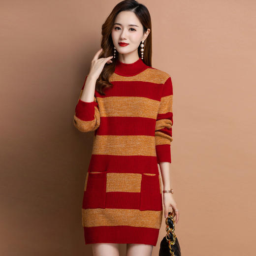 FCSR8828 连衣裙女2022年秋冬新款时尚气质修身条纹中长裙针织长袖毛衣裙子 商品图1
