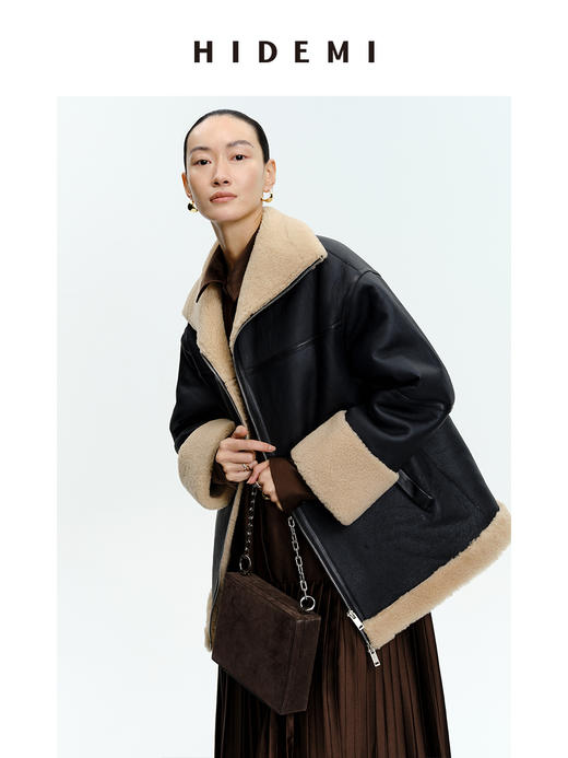 HIDEMI西班牙皮毛一体黑棕双色双面极简拉链大翻领大衣 商品图4
