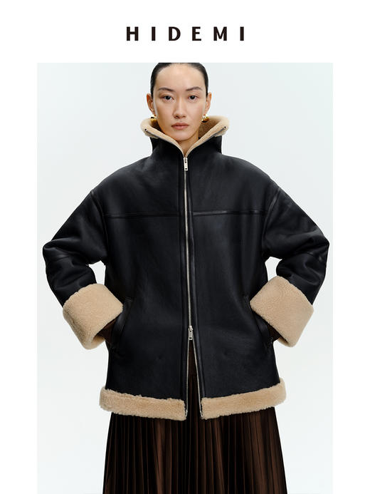HIDEMI西班牙皮毛一体黑棕双色双面极简拉链大翻领大衣 商品图0